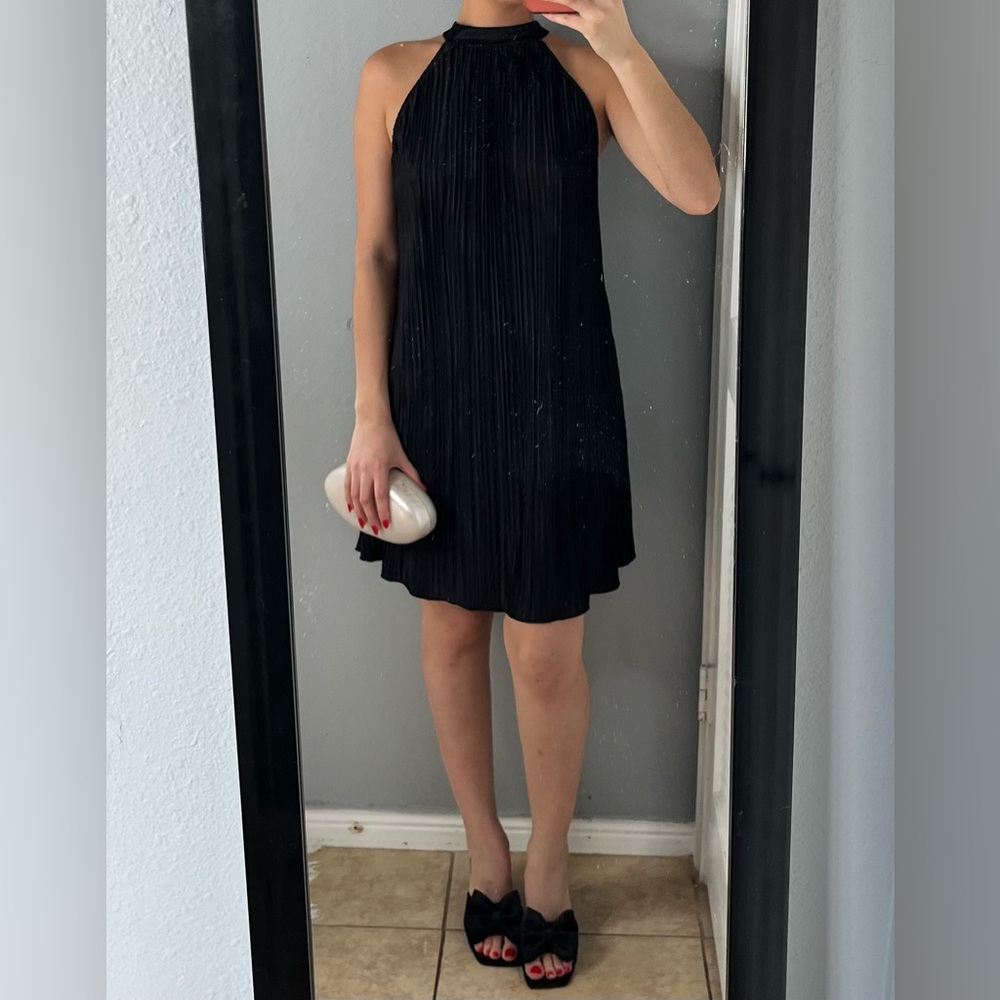 Quiet Luxury Black Pleated halter satin Mini Dress M | Going Out party cocktail